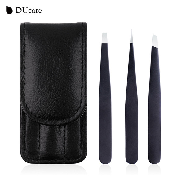 DUcare 3 PCS Eyebrow Tweezers Stainless Steel Hair Removal Makeup Tool Kit with Bag Point Tip/Slant Tip/Flat Tip pinzas pincet