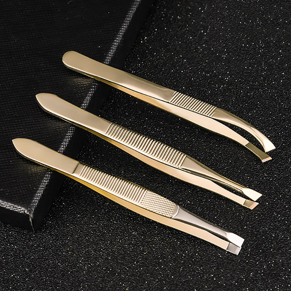 Eyebrow Tweezer Golden Silver Stainless Steel Slant/Flat Tip Curved Forceps Hair Removal Cosmetic Makeup Tool Kit Face Trimmer