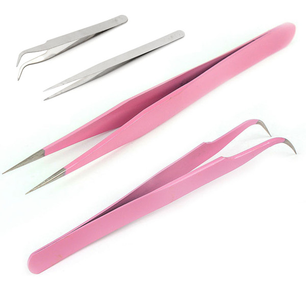 2PCS Straight & Curved Tweezers Pink Tweezers Repair UV Glue Tool For Jewelry Making Tools