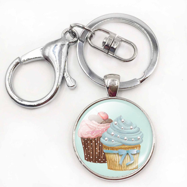 Nice Cupcake Keychains Cupcake Keyrings Round Pendant Glass Dome Jewelry Christmas Gift Gift for Girls