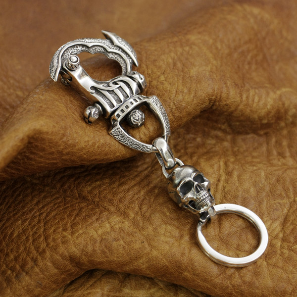 925 Sterling Silver Huge Helmet Skull KeyRing Mens Biker Punk Keychain 8J035