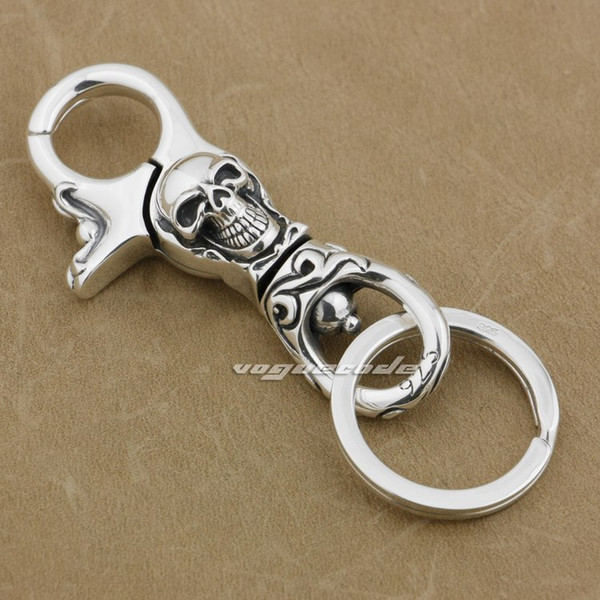 925 Sterling Silver Skull Claw Hook Mens Biker Rocker Punk Keychain Belt Clip 9T012 Free Shipping