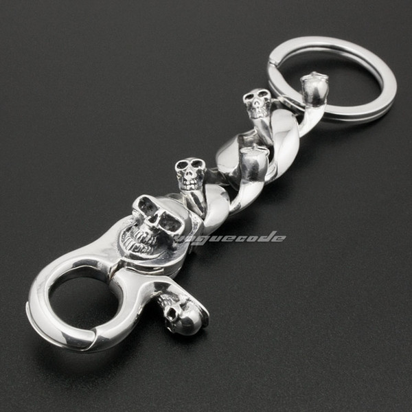 Skull Bone 925 Sterling Silver Belt Clip Mens Biker Rocker Punk Keychain 8J002 Free Shipping