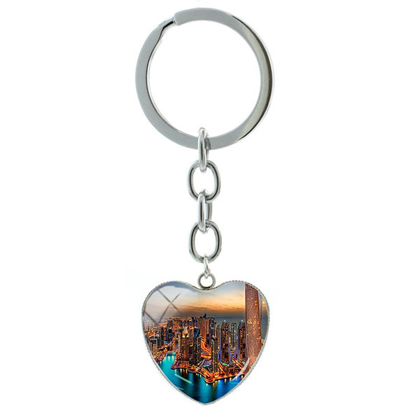 TAFREE Rich Dubai City View Keychains Hot Sale Heart Pendant Key Chain Man Women gift glass Cabochon Beautiful Jewelry FA677