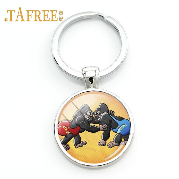 TAFREE Vintage Style Glass round pendant key chain simple art picture Wrestling keychain for women car ring holder jewelry WR65