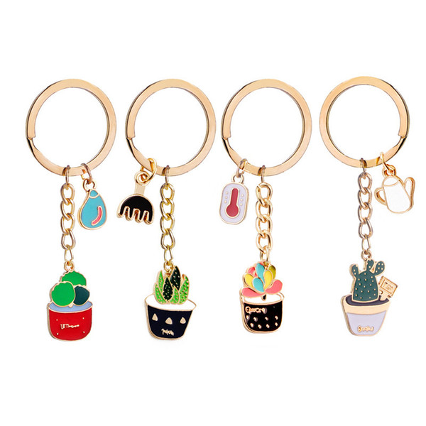 Key Rings Potted Plant Cactus Keychain Succulent Enamel Charm Gold Keyring Plant Lover Gifts Fashion Jewelry Accessories