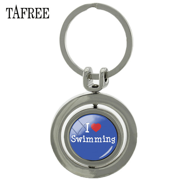 TAFREE Rotating I Love Swimming Keychain Double Sides Glass Cabochon Rotatable Key Chian Rings Holder Sp416