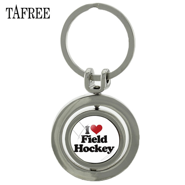 TAFREE I LOVE Field Hockey Revolving Pendant Keychain Trinket Fashion Round Rotatable Key Chain Key Ring Sport Fan Jewelry SP505