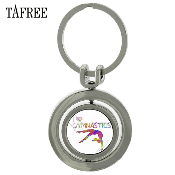 TAFREE I Love Gymnastics Revolving Pendant Keychain Double Sides Picture Logo Glass Gems Dome Rotatable Jewelry Sp128