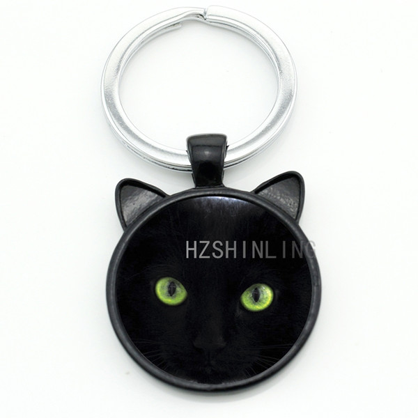 TAFREE Classic fashion green eyes Black Cat key chain ring vintage handmade cat ear animal pendant keychain Halloween Christmas CN228