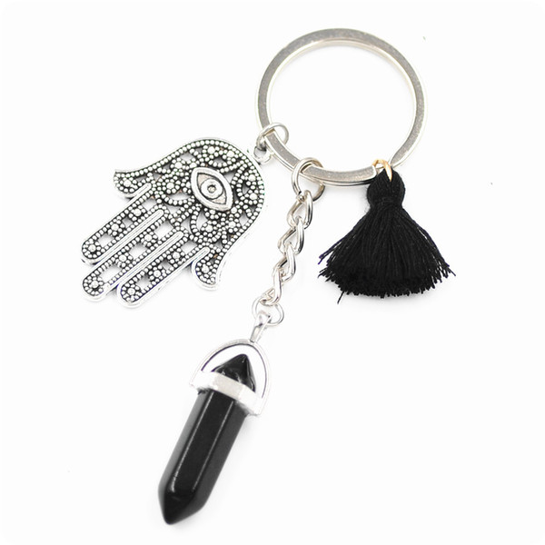 Tassel Key Ring Chakra Hexagon Prism Natural Stone Keychain Handbag Hangs Key Chains Vintage Charms Jewelry For Keys Car Bag Friendship Gift