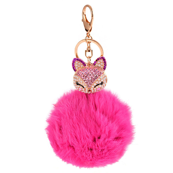 Crystal Fox Pompom Key Ring llavero Pom Pom Rabbit Fur Ball Key Chain Bag Chaveiro Femme Porte Women Fluffy Keychain