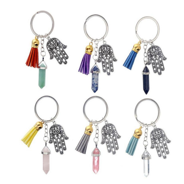 Natural Stone Keychain Hexagonal Column Bohemian Tassel Fatima Hand Key Chains Ring For Keys Car Bag Key Ring Jewelry Men Women Craft Gifts