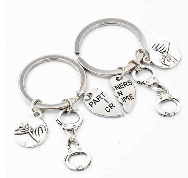 Vintage Silver partners in crime Heart Handcuffs Keychain Best Friend Keychain For Keys Car Bag Key Ring Handbag Key Chains Gift Accessories