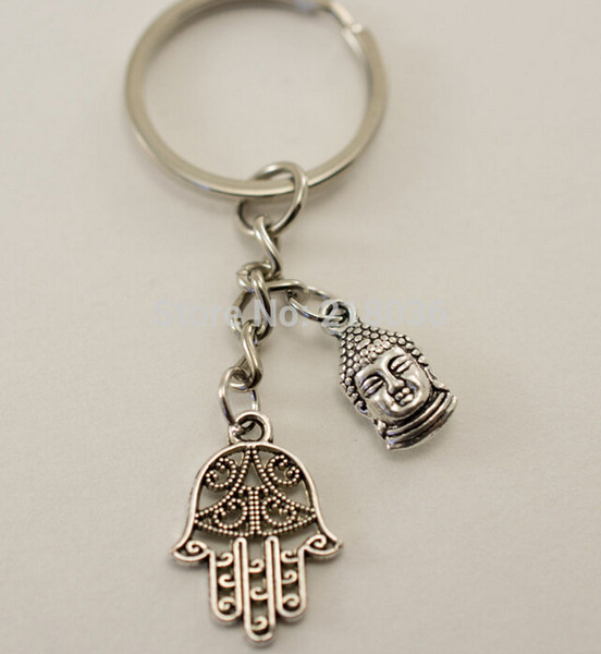 50 pcs Fashion Vintage Silver Buddha Buddhist Hamsa Hand Charms Keychain Fit DIY Car Key Chains DIY Jewelry Findings L1169