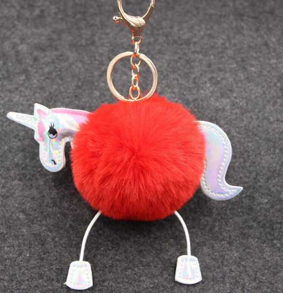 Unicorn Pony Keychain Leather Horse Fluffy Rabbit Fur Ball Pom Pom Key Chain Gift Pendants For Keys Bag Car Key Ring Jewelry Accessories