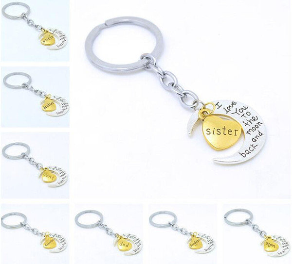 Popular family Gold Heart Dad Mom Keychain For Mom I love you to the moon and back Couple keyring Bag HandbagJewelry Key Chains Accessories