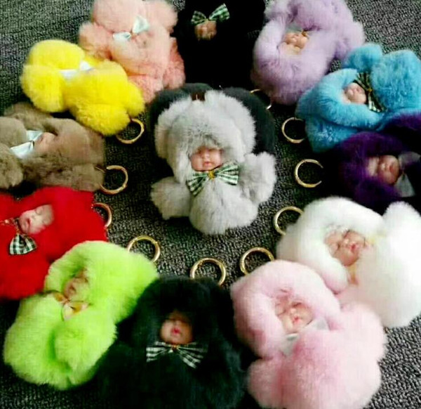 Bowknot Sleeping Doll Key Chains 13cm Rabbit Fur Hair Ball Charm Car Keychain Pompom Dolls Handbag Key Ring Pendant Jewelry NEW Accessories