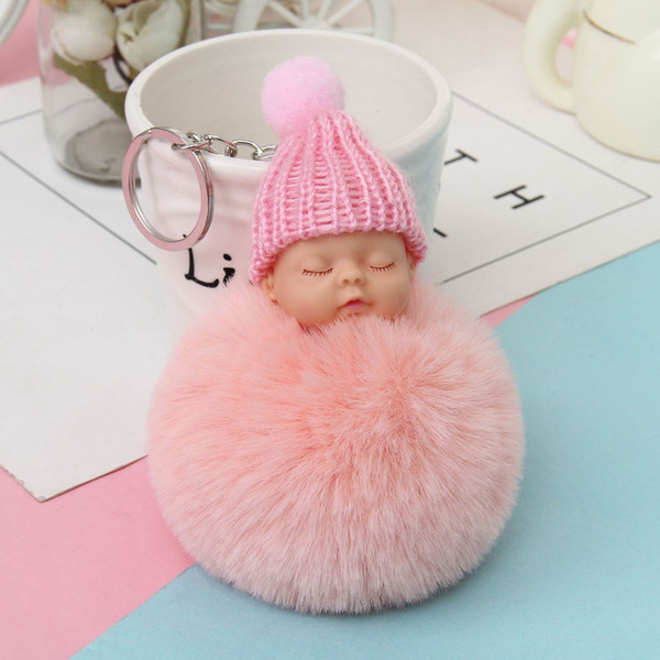 Bowknot Sleeping Doll Rabbit Fur Hair Ball Key Chains Charm Car Keychain Handbag Couple Key Ring Pendant Gifts Bijoux Accessories new