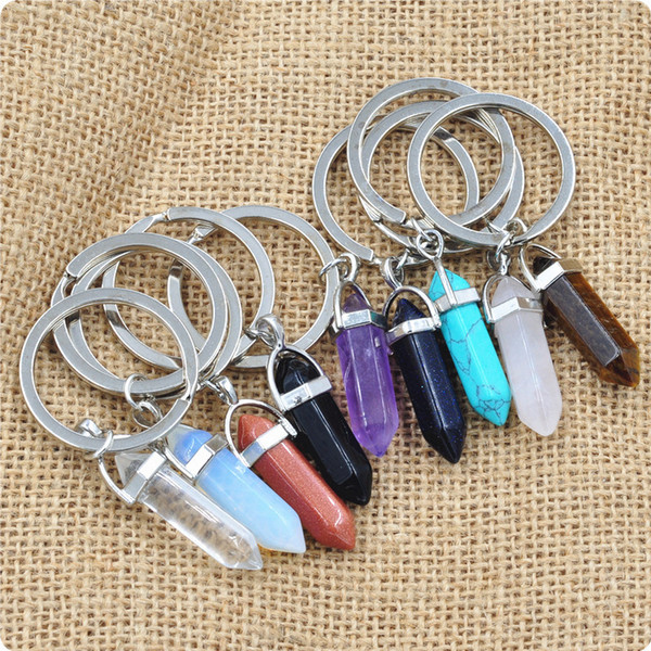 Bullet Hexagon Shape Chakra Healing Point Natural Stone Keychain Turquoise Pink Quartz Opal Amethyst Crystal Key Chains Bag Charm Key Ring