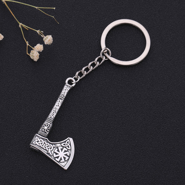 lemegeton Wholesale Antique Silver Slavic Talisman Kolovrat Sun Wheel Irish Knots Viking Axe Shaped Keyring Men Jewelry