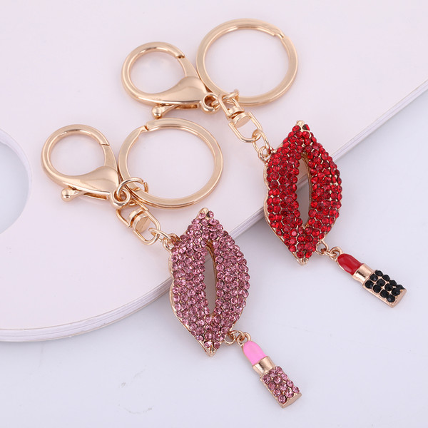 Lemegeton Retail Fashion Newest Hotselling Gold Plated Rhinestone Metal Mouth Lipstick Keychain for Women Fashion Jewelry