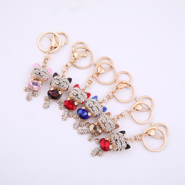 Lemegeton Retail Fashion Newest Metal Alloy Crystal Women Fortune Cat Keychain For Bag Purse Car Keyholder