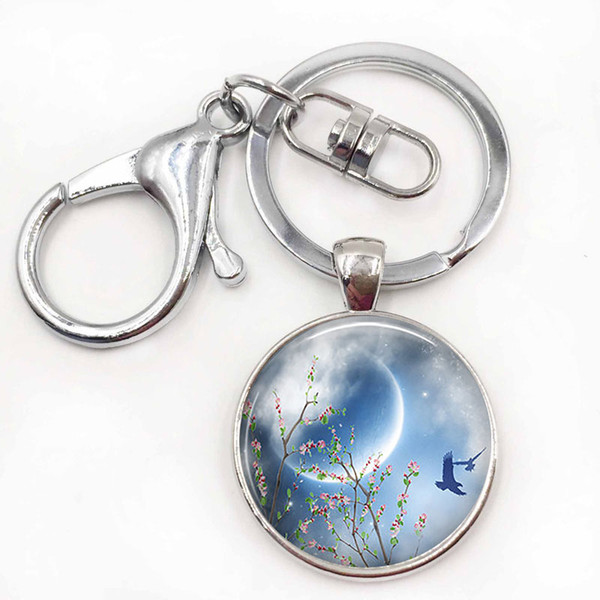 Spring Equinox Keychain New Moon Cabochon Glass Keyring Wiccan Jewelry Vernal Equinox Ostara Pagan Jewelry Key Chain Ring