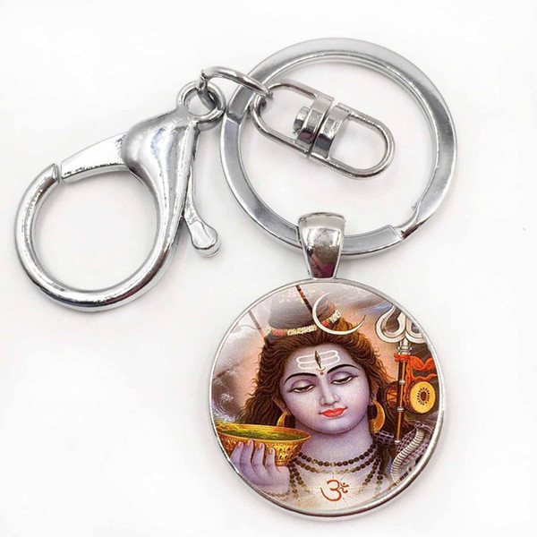 Lord Shiva keychain Indian lord Shiva Art Keychains Glass Cabochon Buddha Silver Plated Pendant Key Holder Buddhism Jewelry