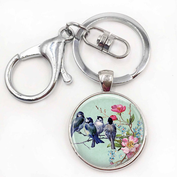 Handmade Keychain with Glass Inlay Blue Birds on A Branch Jewelry Bird Keychain with Pink Flowers Christmas Key