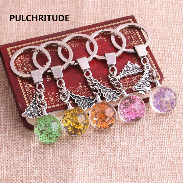 2 pcs/lot Metal KeyChain Crystal Glass Ball Dried Flower Pendant Christmas Tree Charm Key Ring Jewelry Diy C0493