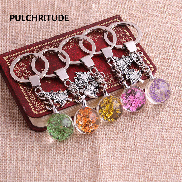 2 pcs/lot Metal KeyChain Crystal Glass Ball Dried Flower Pendant Christmas Tree Charm Key Ring Jewelry Diy C0494