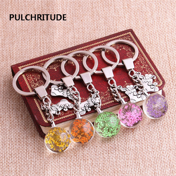 2 pcs/lot Metal KeyChain Crystal Glass Ball Dried Flower Pendant Christmas Sock Charm Key Ring Jewelry Diy C0495