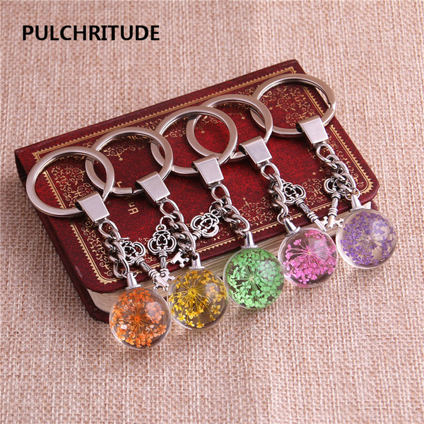 2 pcs/lot Metal KeyChain Crystal Glass Ball Dried Flower Pendant Small Key Charm Key Ring Jewelry Diy C0530