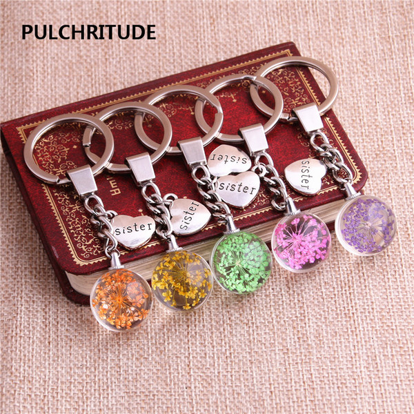 2 pcs/lot Metal KeyChain Crystal Glass Ball Dried Flower Pendant Heart Shape Letter Charm Key Ring Jewelry Diy C0529