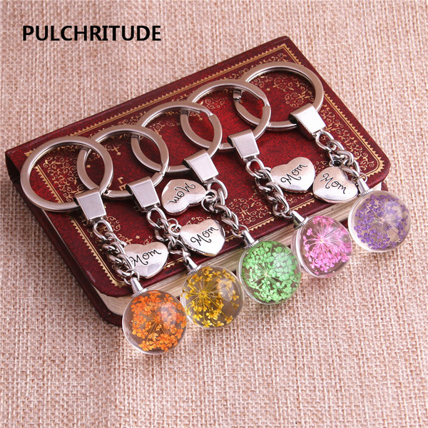 2 pcs/lot Metal KeyChain Crystal Glass Ball Dried Flower Pendant Heart Shape Letter Charm KeyRing Jewelry Diy C0528