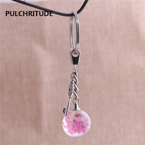 2 pcs/lot Metal KeyChain Crystal Glass Ball Dried Flower Pendant Small Key Charm Key Ring Jewelry Diy C0533