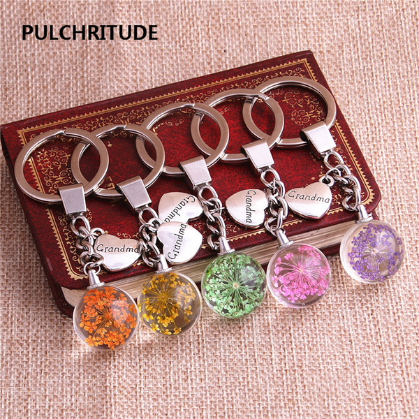 2 pcs/lot Metal KeyChain Crystal Glass Ball Dried Flower Pendant Heart Shape Letter Charm KeyRing Jewelry Diy C0526