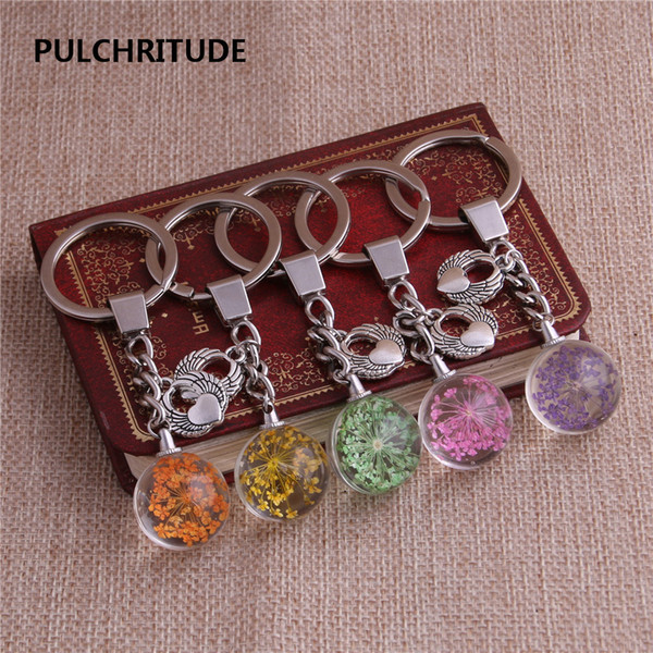 2 pcs/lot Metal KeyChain Crystal Glass Ball Dried Flower Pendant Heart Wings Charm Key Ring Jewelry Diy C0524