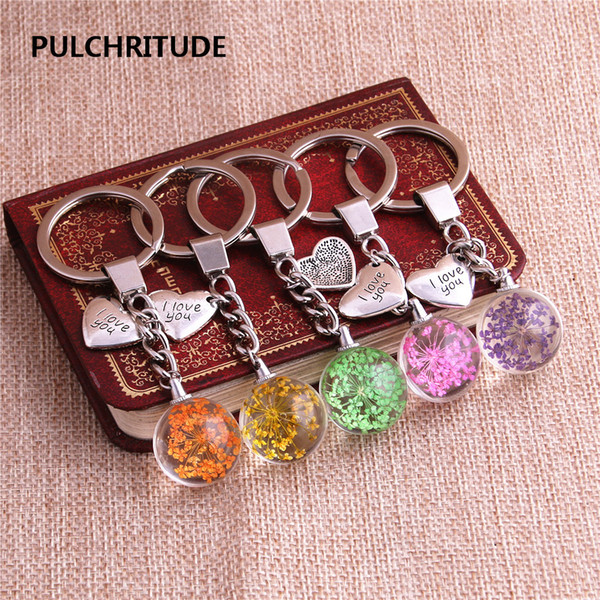 2 pcs/lot Metal KeyChain Crystal Glass Ball Dried Flower Pendant Heart Shape LOVE Charm Key Ring Jewelry Diy C0525