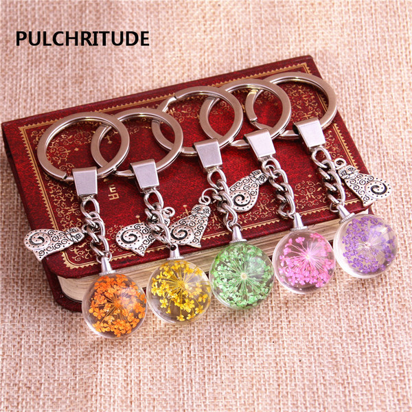 2 pcs/lot Metal KeyChain Crystal Glass Ball Dried Flower Pendant Animal Leopard Charm Key Ring Jewelry Diy C0543