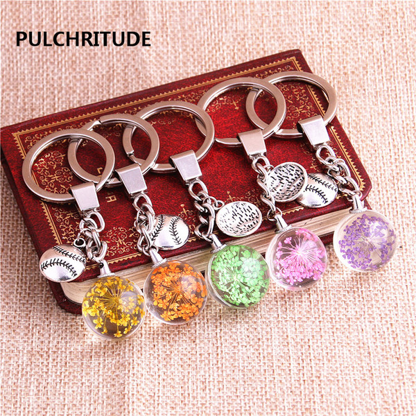 2 pcs/lot Metal KeyChain Crystal Glass Ball Dried Flower Pendant Sport Baseball Charm Key Ring Jewelry Diy C0542