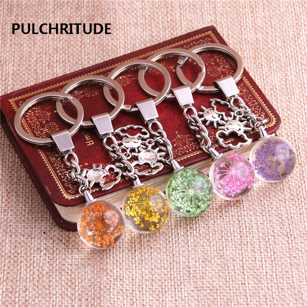 2 pcs/lot Metal KeyChain Crystal Glass Ball Dried Flower Pendant Sun Cloud Charm Key Ring Jewelry Diy C0541