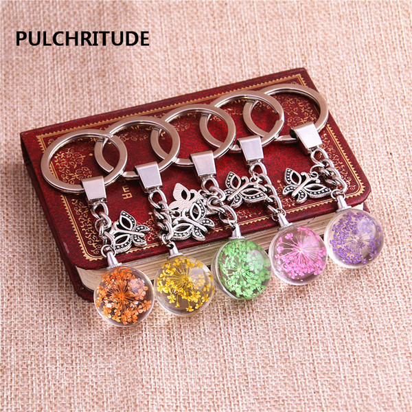 2 pcs/lot Metal KeyChain Crystal Glass Ball Dried Flower Pendant Butterfly Charm Key Ring Jewelry Diy C0545