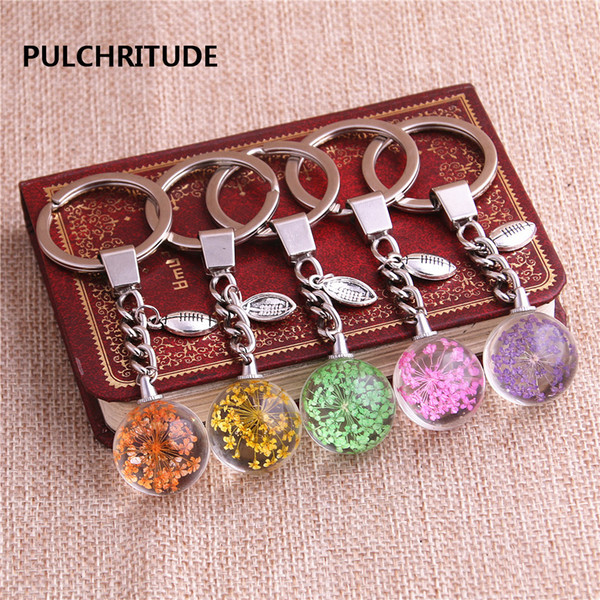 2 pcs/lot Metal KeyChain Crystal Glass Ball Dried Flower Pendant Pendant Charm Key Ring Jewelry Diy C0546