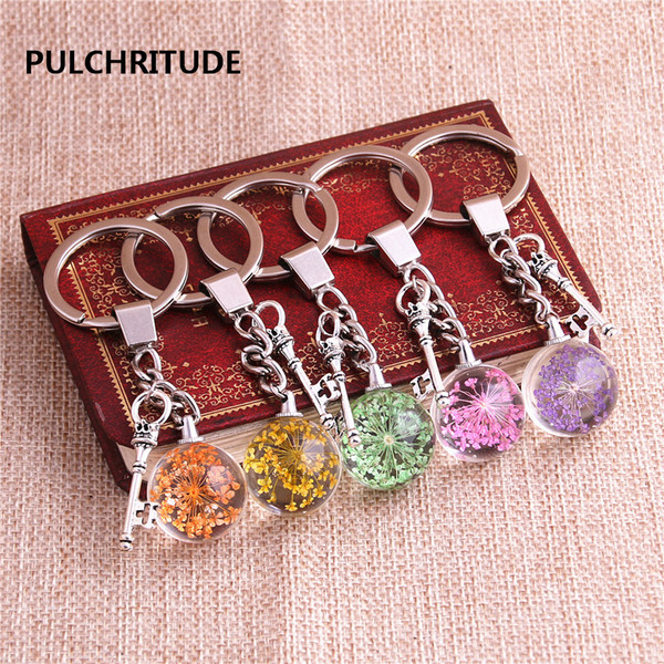 2 pcs/lot Metal KeyChain Crystal Glass Ball Dried Flower Pendant Small Crown Key Charm Key Ring Jewelry Diy C0534