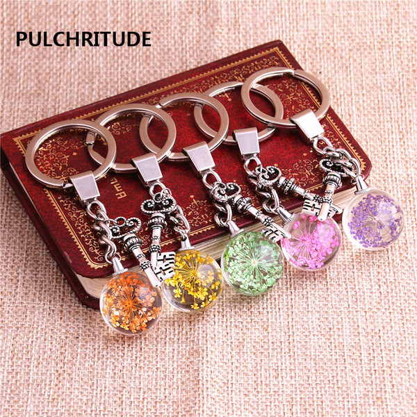 2 pcs/lot Metal KeyChain Crystal Glass Ball Dried Flower Pendant Small Key Charm Key Ring Jewelry Diy C0535