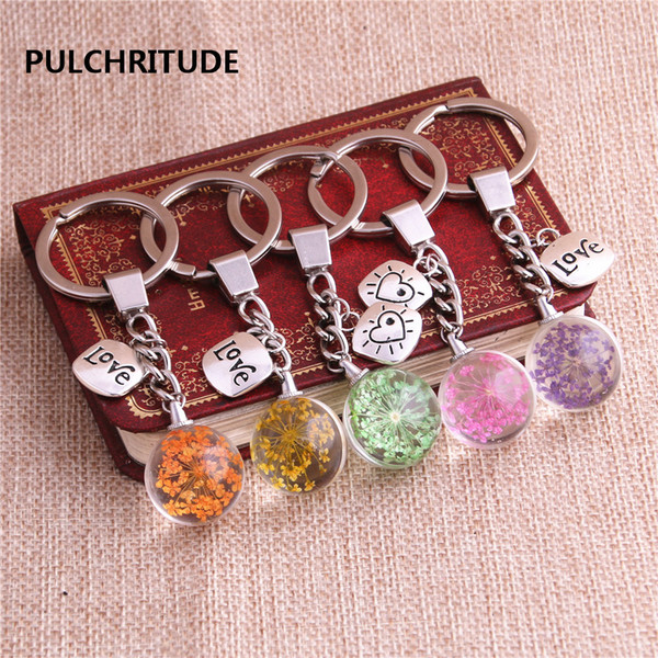 2 pcs/lot Metal KeyChain Crystal Glass Ball Dried Flower Pendant Love Heart Charm Key Ring Jewelry Diy C0540