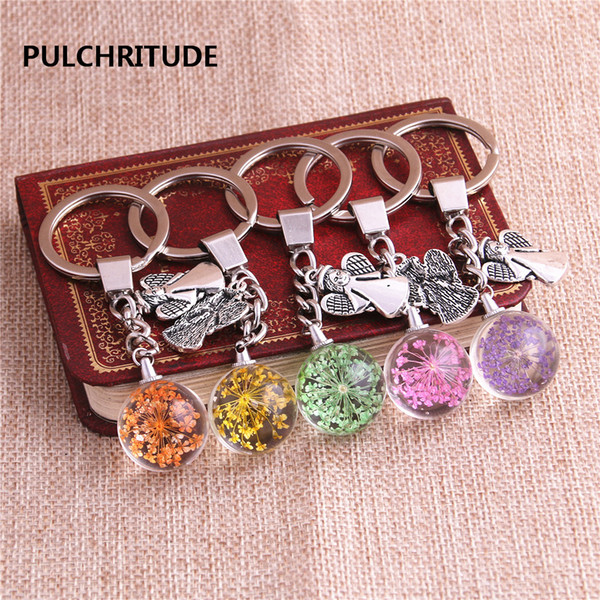 2 pcs/lot Metal KeyChain Crystal Glass Ball Dried Flower Pendant Angel Charm Key Ring Jewelry Diy C0547