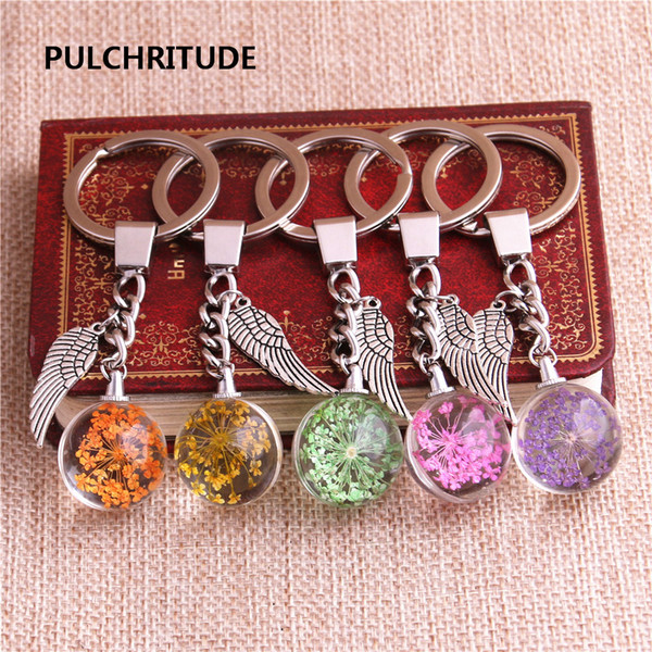 2 pcs/lot Metal KeyChain Crystal Glass Ball Dried Flower Pendant Wing Feather Charm Key Ring Jewelry Diy C0504